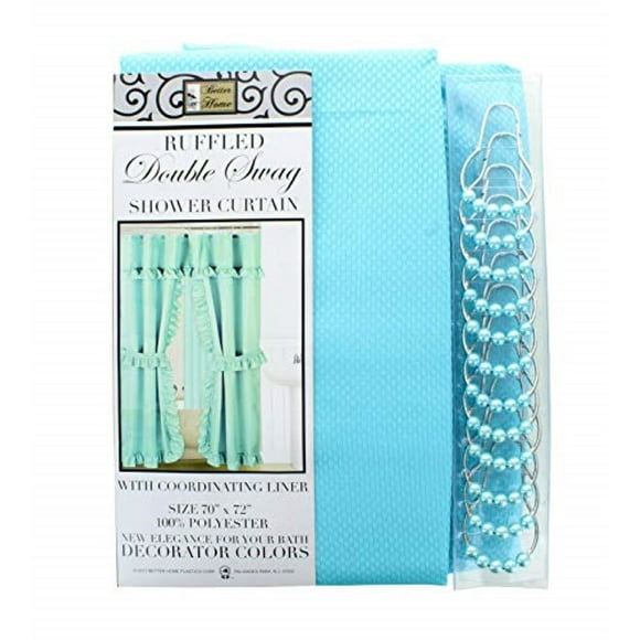 Better Home Double Swag Fabric Shower Curtain with Vinyl Liner and 12 Roller Shower Rings (Turquoise)