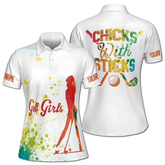 Custom Name Colorful Spatter Chicks With Sticks Women's Polo Shirt S-5XL