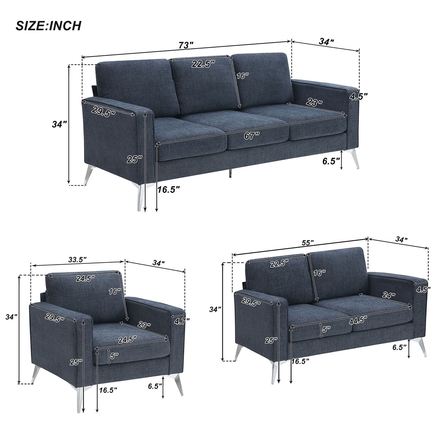 Kadyn Modern 3-Piece Sofa Sets, Upholstered 3-Seat Sofa with Sturdy Metal Legs, Loveseat and Single Chair for Living Room Furniture Set, Blue-gray