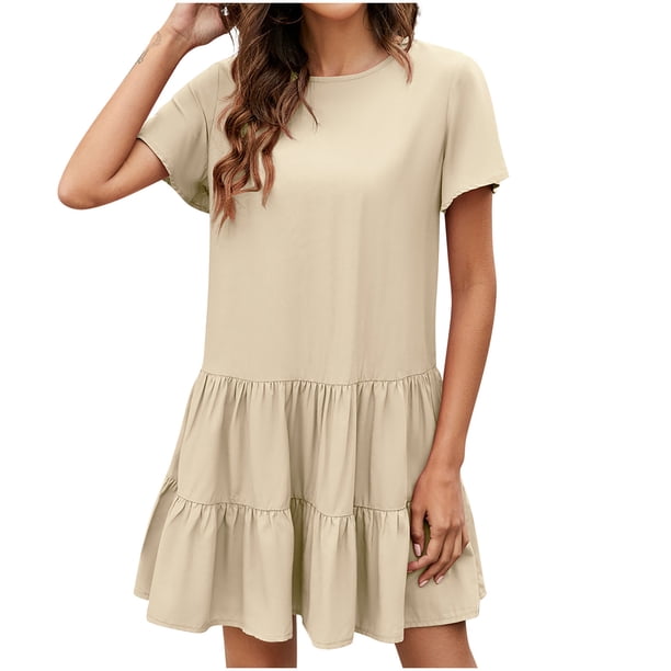 Falda acampanada de temperamento de vestido informal de manga corta con cuello redondo nuevo de verano para mujer Fridja bnh208