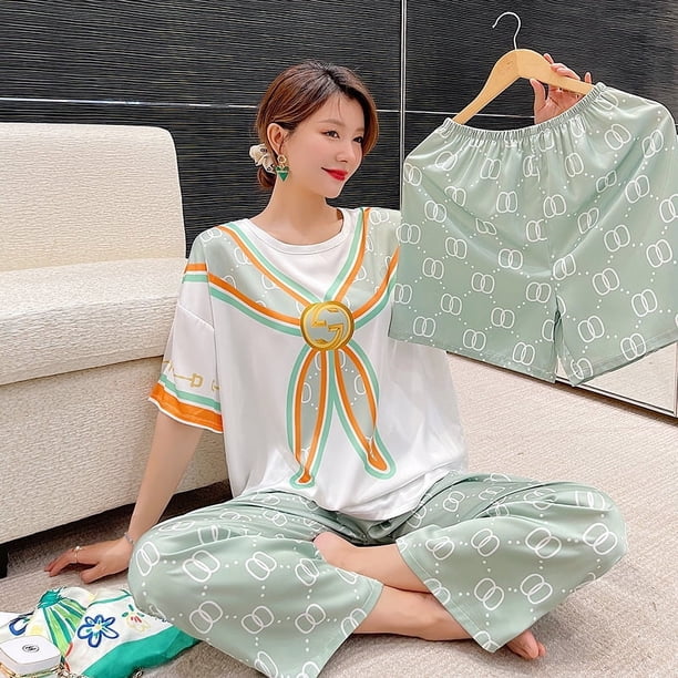Pijama de seda de hielo para mujer, conjunto de tres piezas de cuello redondo, manga corta y fina, estampado de moda, estilo novio, ropa para el hogar