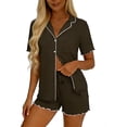 thumbnail image 4 of DYTTDG Solid Color Pajama Set for Women Short Sleeve Flouncing Cuff Shirt with Short Pajama Pant Set Soft Button Down & Drawstring, 4 of 6