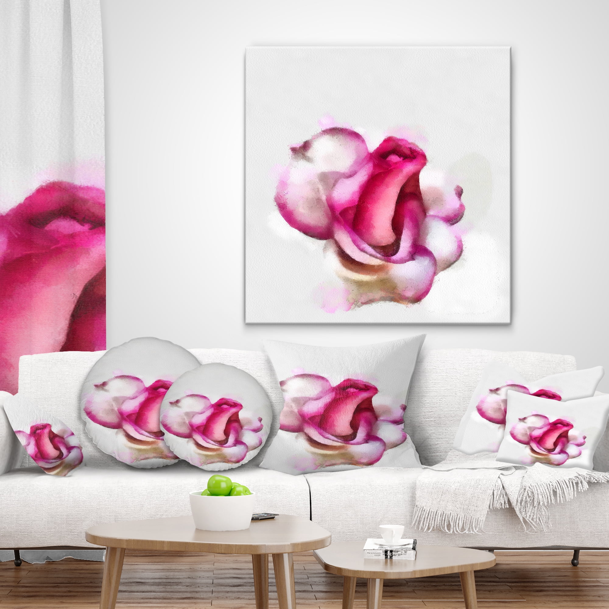 Designart Pink Hand drawn Red Rose on White - Floral Throw Pillow - 16x16