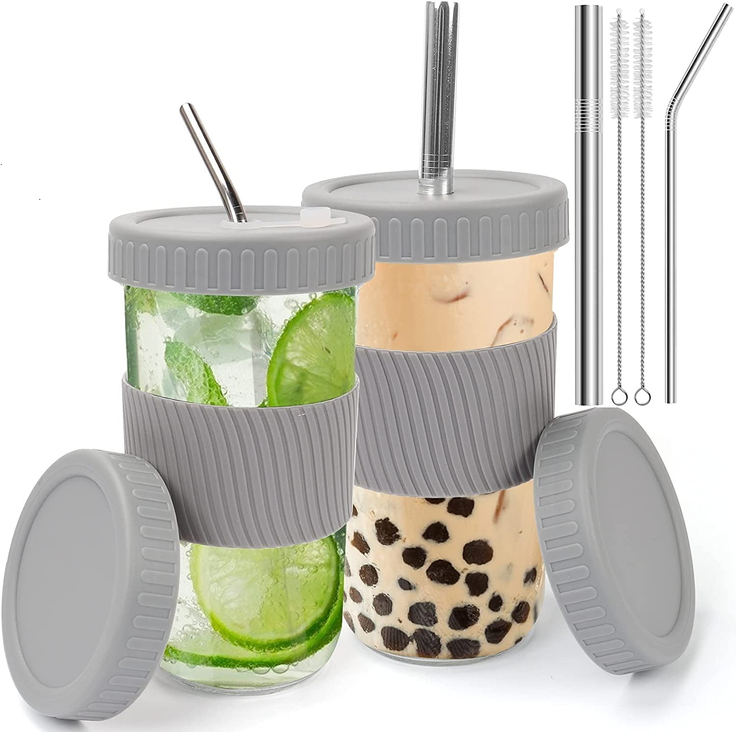 QKTYB Drinking Glasses Reusable Mason Jar Cups with 2 Lids and Straws Cleaning Brush Wide Mouth Bubble Tea Cup Travel Mug Glass Tumbler Mason Jar Sippy Cup for Boba Tea Smoothie Juices Jam Green
