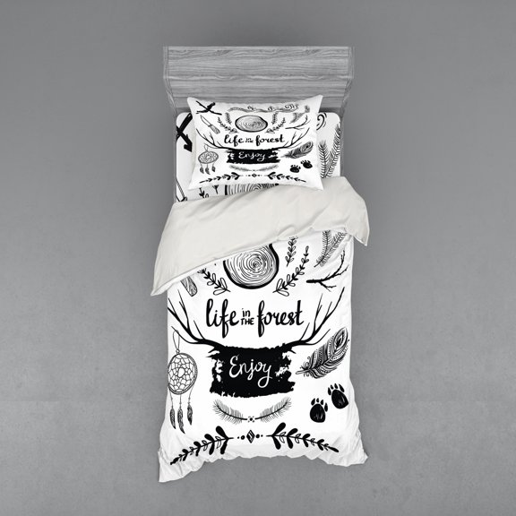 Ambesonne Adventure Bedding Set 3 Pcs, Antlers Tree Feathers, Twin, Charcoal Grey White