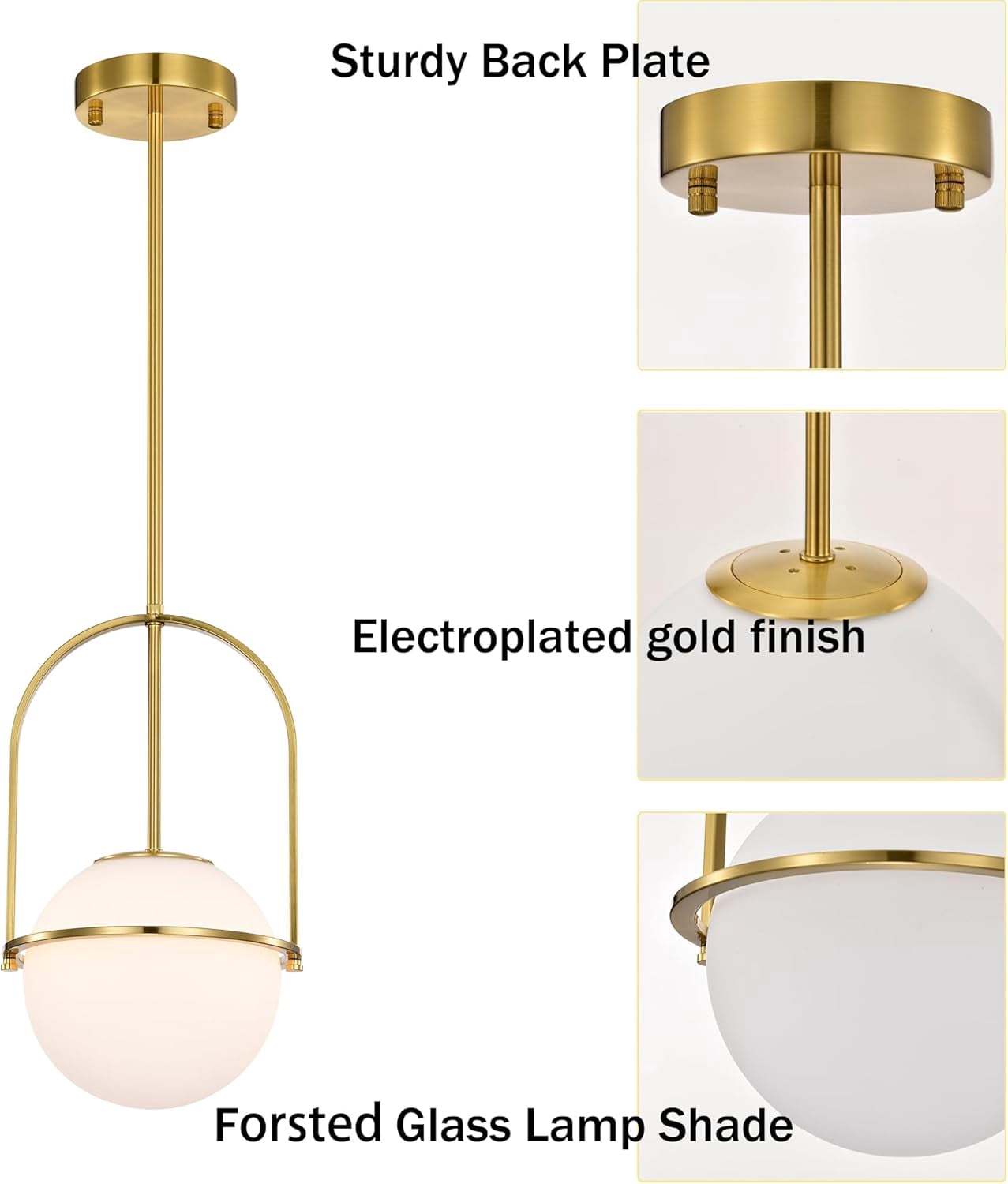 Gold Pendant Light Fixture with 7.1 in Milk Glass Globe Shade Adjustable Hanging Ceiling Light for Kitchen Island, 1-Light