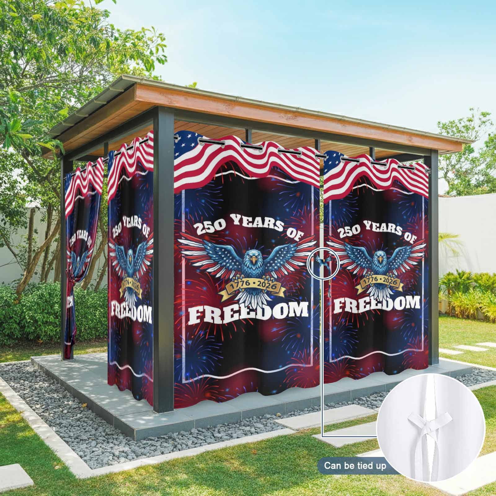 Independence Day Outdoor Curtains for Patio, 250 YEARS OF FREEDOM Cartoon Bald Eagle Sunshade Privacy Drapes Grommet Waterproof Outside Curtains for Porch/Cabana/Balcony 54"x 108", 1 Panel