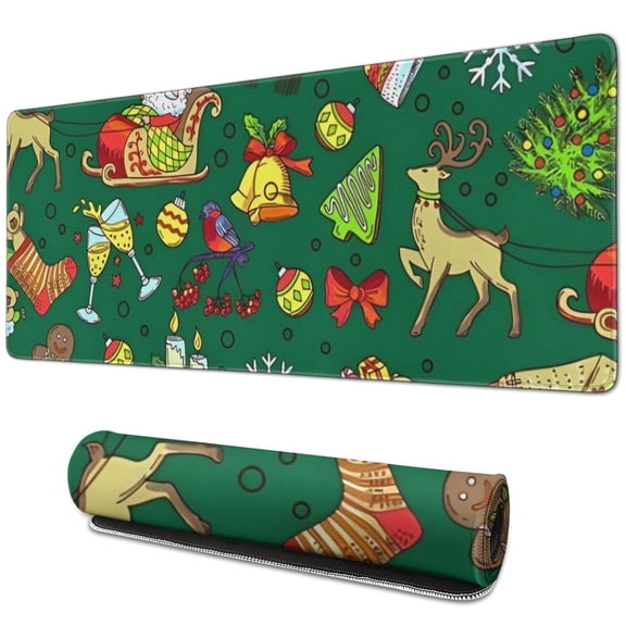 Long Mouse Pads for Desk,Green Christmas Santa and Snowman Desk Mats on Top Of Desks, Desk Mouse Pad Extra Large with 3mm Non-Slip Base and Stitched Edge for Gaming,Work,Home 31.5x11.8in