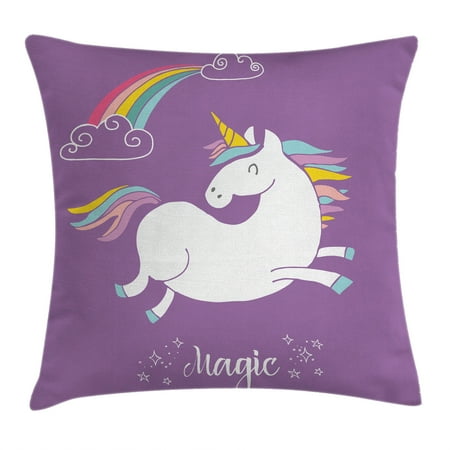 Kids Animal Pillows - Unicorn Home and Kids Decor Throw Pillow Cushion Cover, Mythical Animal with Clouds and Rainbow Figure Fairy Image, Decorative Square Accent Pillow Case, 18 X 18 Inches, Purple White, by Ambesonne