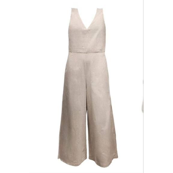 HoodLamb Women's Culotte V-Neck Hemp Jumpsuit 420, Khaki, Large