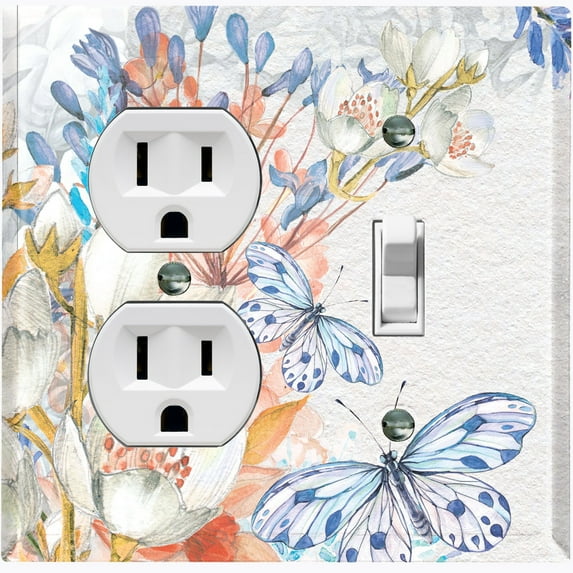 Metal Light Switch Plate Cover Mystical Floral Butterfly Garden Sketch FLW119