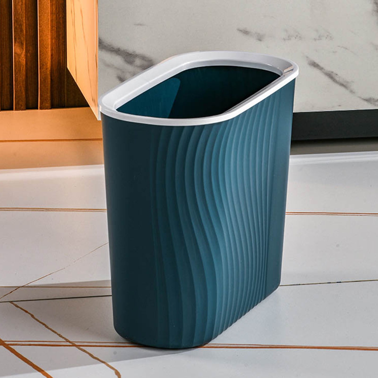 Cagogo Wastebasket, Plastic Trash Can, Striped Seamless Design for Home Kitchen Bathroom, Blue Gray White Small Garbage Bin for Office Garage Dorm