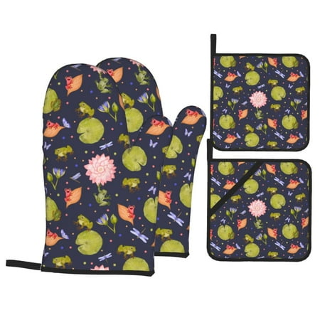 

Oven Mitts and Pot Holders 4 Piece Frog And Flowers High Heat Slip Resistant Oven Mitt and Trivets Set Kitchen Oven Glove Pot Holders for Cooking Baking Grilling