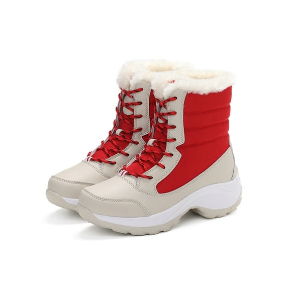 Womens Snow Boots Heel Plush Lined Mid Calf Boots PU Waterproof Non-slip