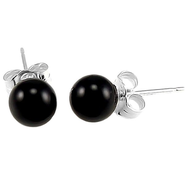 Natural Black Onyx 6mm Ball Stud Earrings 14K White Gold Posts