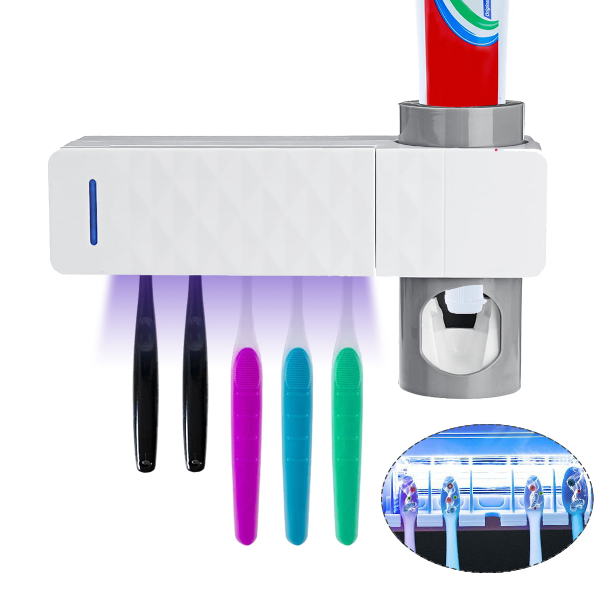 Automatic Toothpaste Dispenser,5 Toothbrush Sterilizer Holder with Sticker free Punching for Family ZENUTA Toothbrush Sterilizer,UV Toothbrush Sanitizer Holder 
