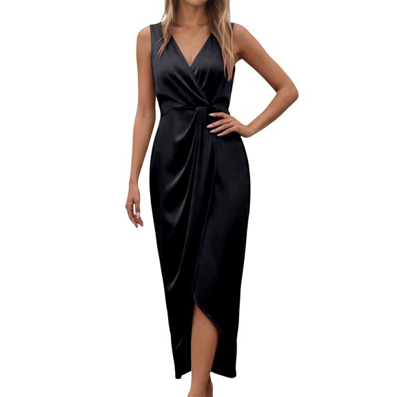 Angala Women Dresses V Neck Maxi Dresses Solid Sleeveless Slim Fit Slit Elegant Fashion Party Wear Casual Lady Dresses Size L Black