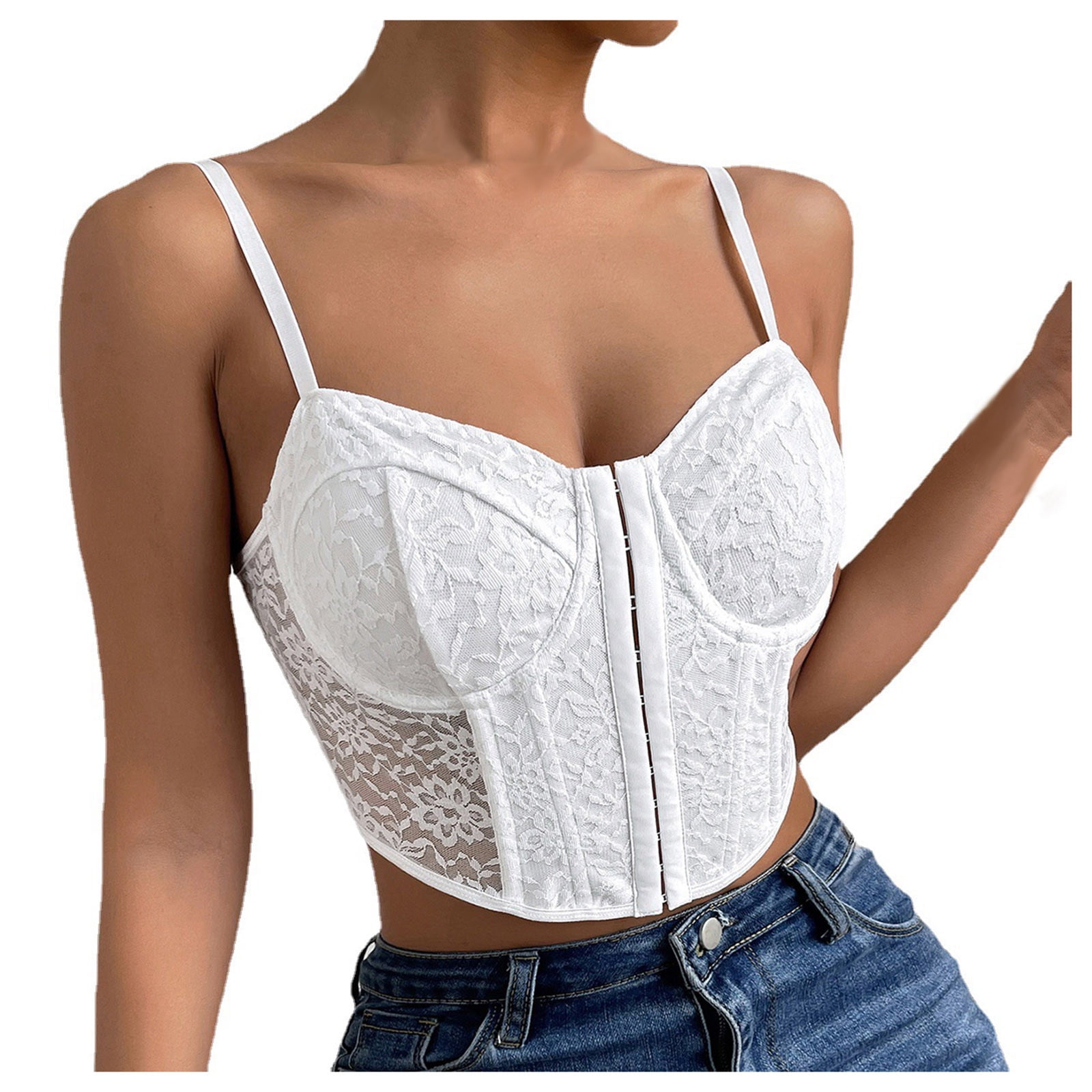 qolati Corset Tops for Womens Sexy Lace Front Buckle Bustier Y2k Spaghetti  Strap Criss Cross Cami Crop Top