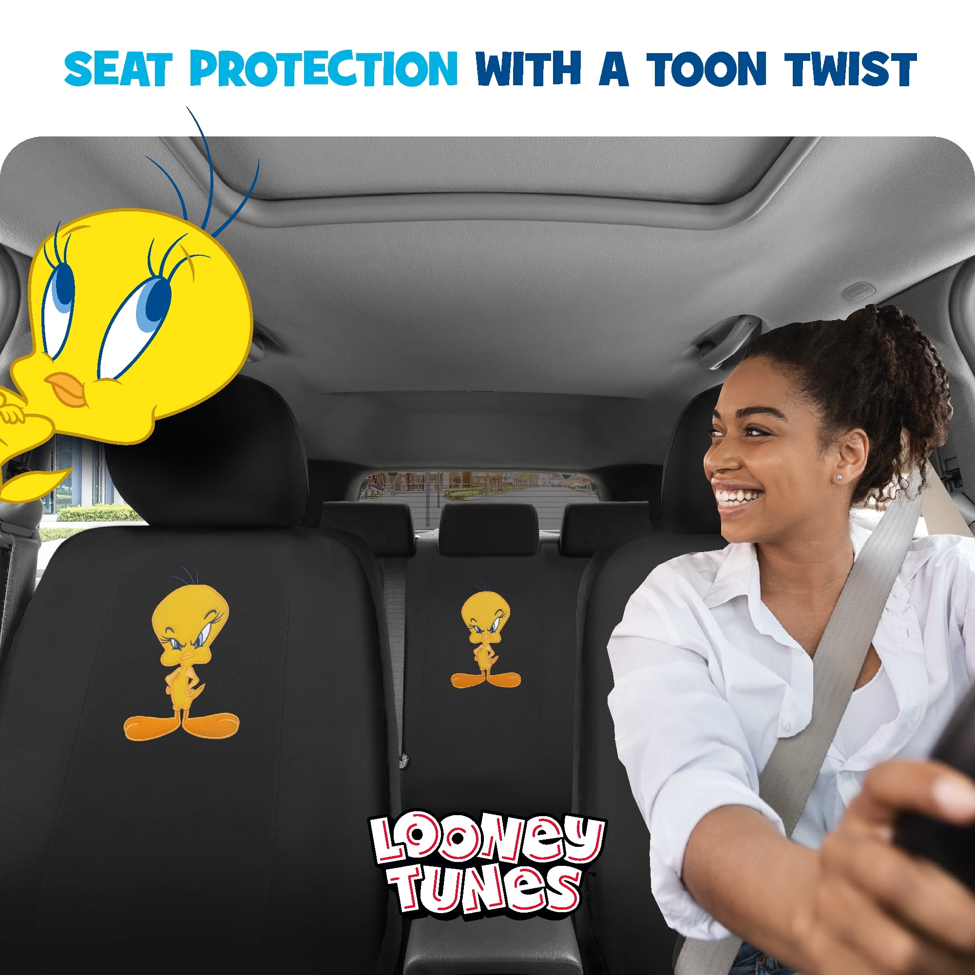 BDK Warner Brothers Looney Tunes Tweety Bird Front & Rear Car Seat Covers Full Set - Easy to Install Durable & Stylish Polyester Fabric Car Seat Cover - Airbag Compatible Universal Fit Car Accessorie