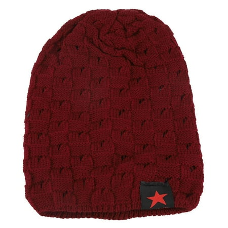 HERCHR Men and Women Fashion Hat, Men and Women Snow Cap, Winter Autumn Warm Knit Beanie Hats, Women's and Men Winter Hat, Small Five-Star Male and Female Hollow Double-Faced Knit Hat (Wine