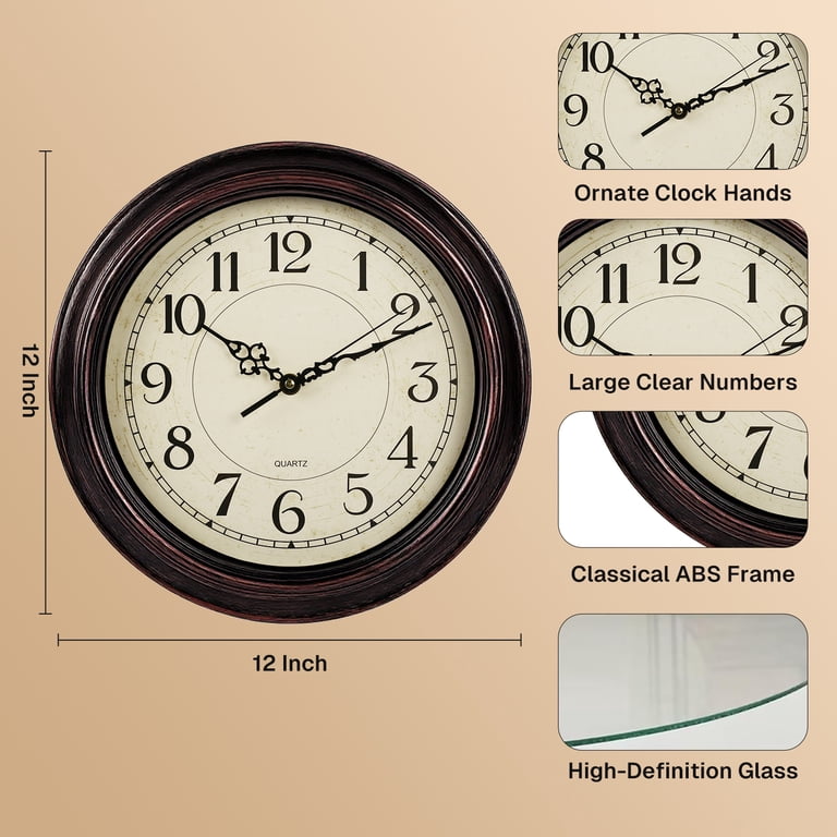 Behome 12 Inch Silent Wall Clock, Brown Retro photo 2