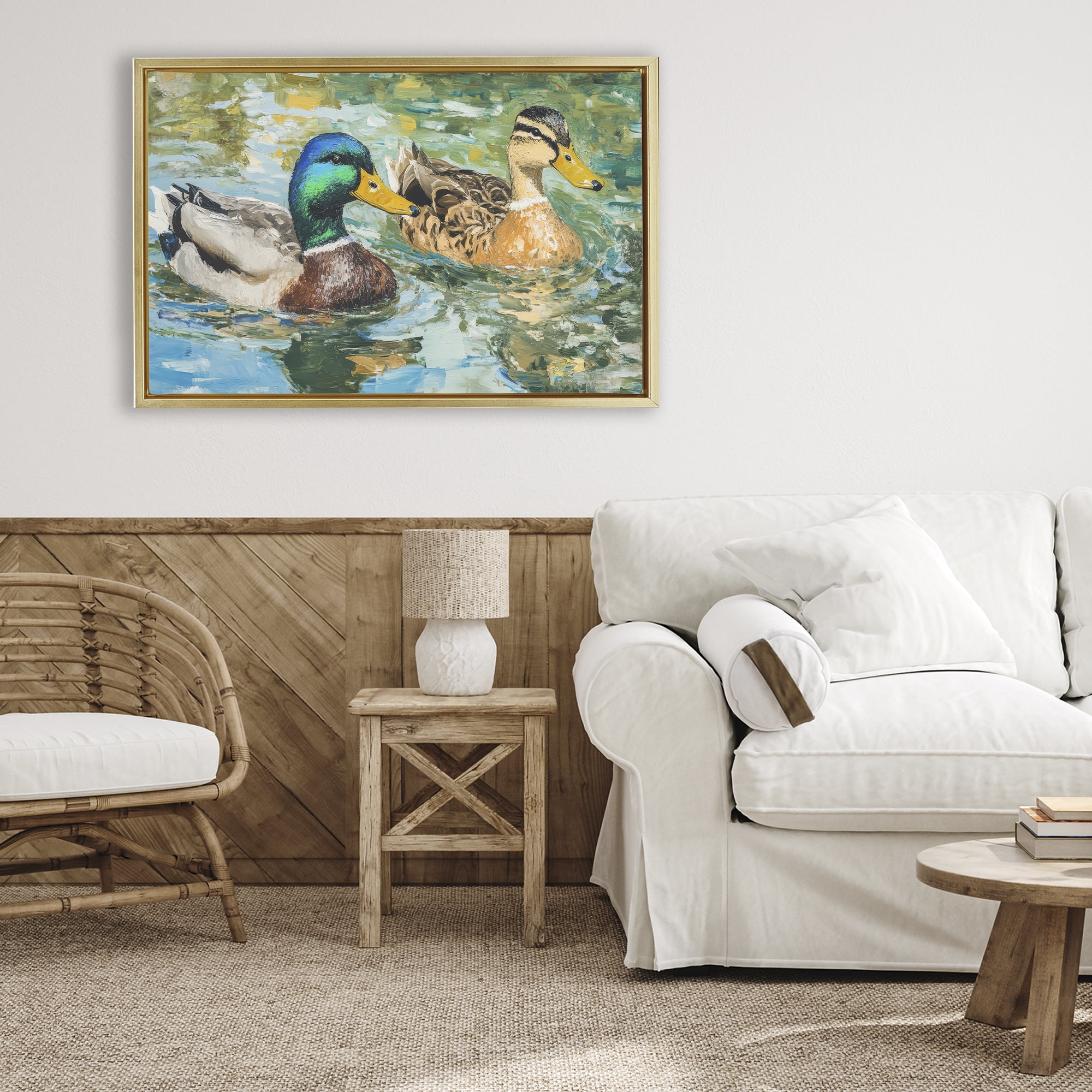 Stupell Industries Ducks Out For A Swim Gold Framed Floater Canvas Wall Art, design by Petal Prints Design
