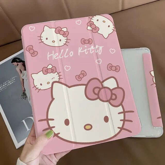 Kawaii Sanrio Hello Kitty Ipad Protective 2021 Anti-fall Three-Fold Cute Cartoon Protective Case Plus Pen Slot Toy Gift for Girl