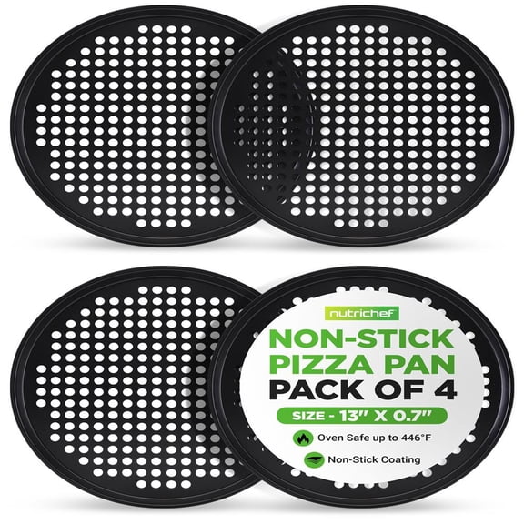 NutriChef 4-Pack 13’’ Non-Stick Pizza Pans, Round Pizza Pans for Oven, Commercial-Grade Carbon Steel, Non-Stick Gray Coating, Ideal for Baking Pizza, Cookies and More, Dishwasher Safe