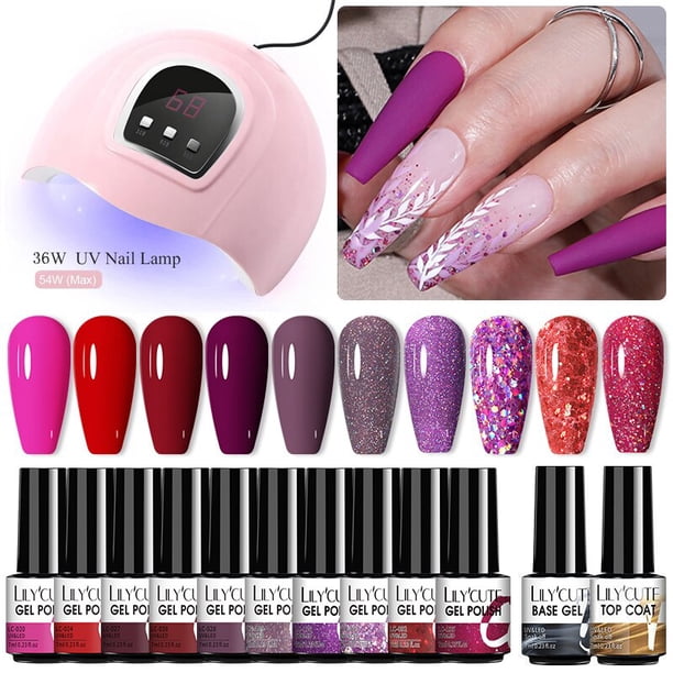 LILYCUTE Juego de manicura de uñas 10 piezas Juego de esmalte de uñas con secador de lámpara UV Vernis Semi permanente Soak Off Base Top Coat Nail Art UV Gel zhangmengya LED