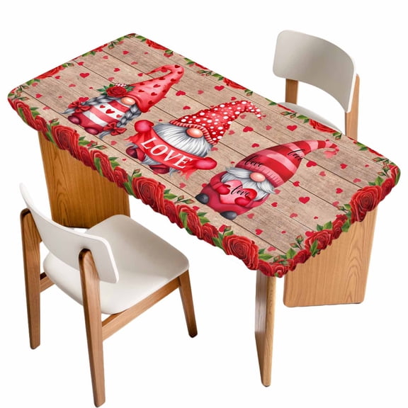 Valentine's Day Table Cloths for 6 Foot Rectangle Tables, Red Gnomes Roses Love Wood Grain Brown Patio Waterproof Elastic Fitted Tablecloths, Washable Rectangular Table Cover for Camping