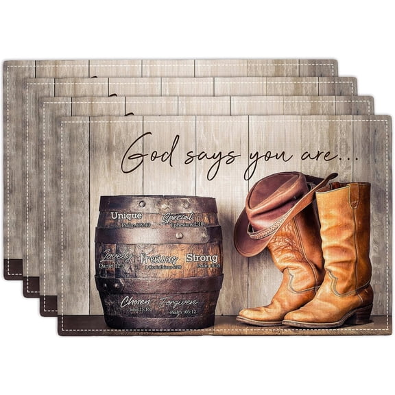 Cowboy Placemats Set of 4 Western Cowboy Boots Hats Table Mats Washable Place Mats for Home Party Indoor Kitchen Dining Table Decoration 12''x18''
