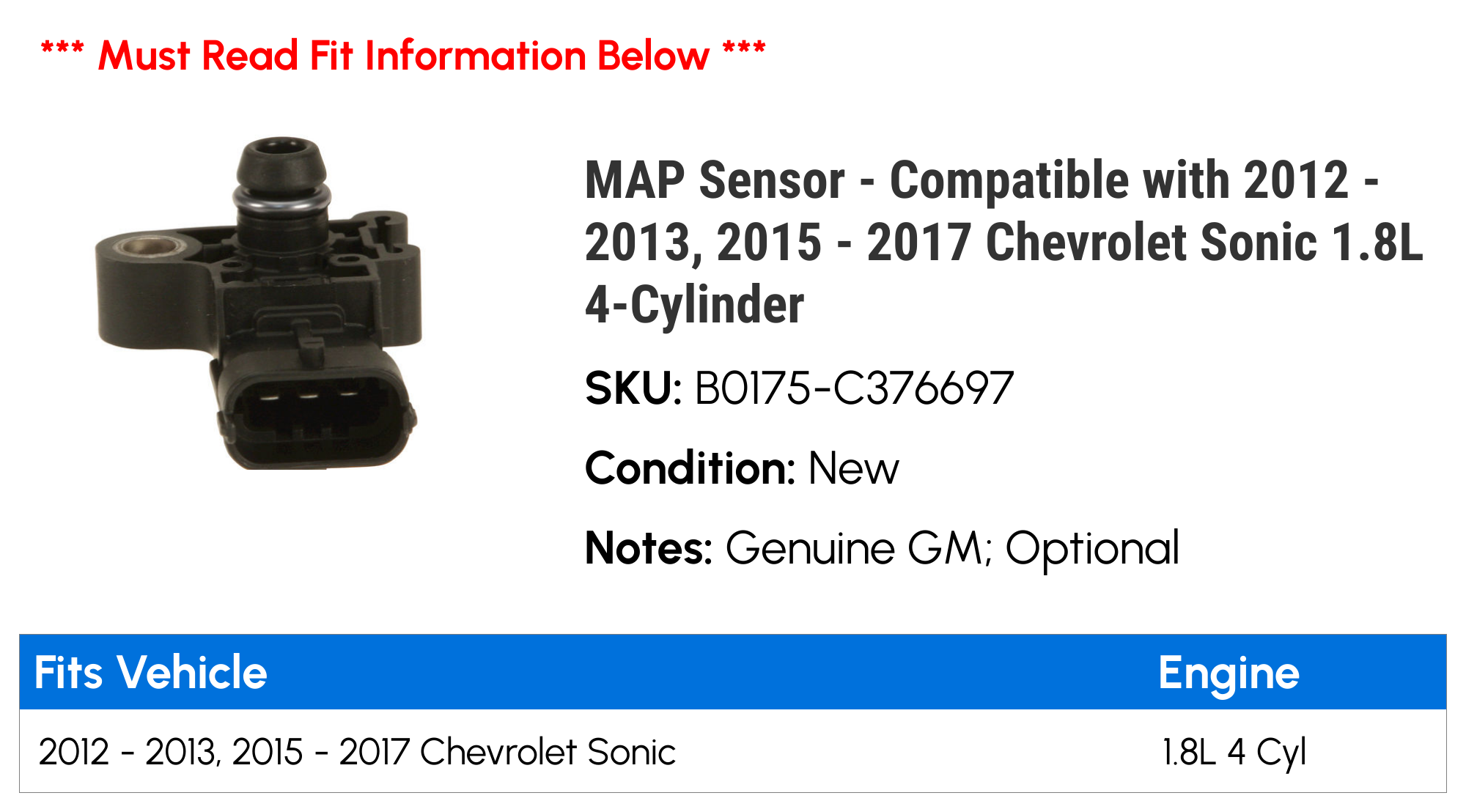 MAP Sensor - Compatible with 2012 - 2013, 2015 - 2017 Chevy Sonic 1.8L 4-Cylinder 2016