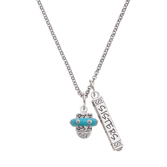 Delight Jewelry Silvertone Crystal Teal Spinner Silvertone Sisters Best Friends Forever Bar Charm Necklace, 23"