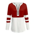 thumbnail image 5 of HOMBOM V Neck Tops for Women 3/4 Sleeve Red Pullover Color Block Casual Half Zip Blouse, 5 of 5
