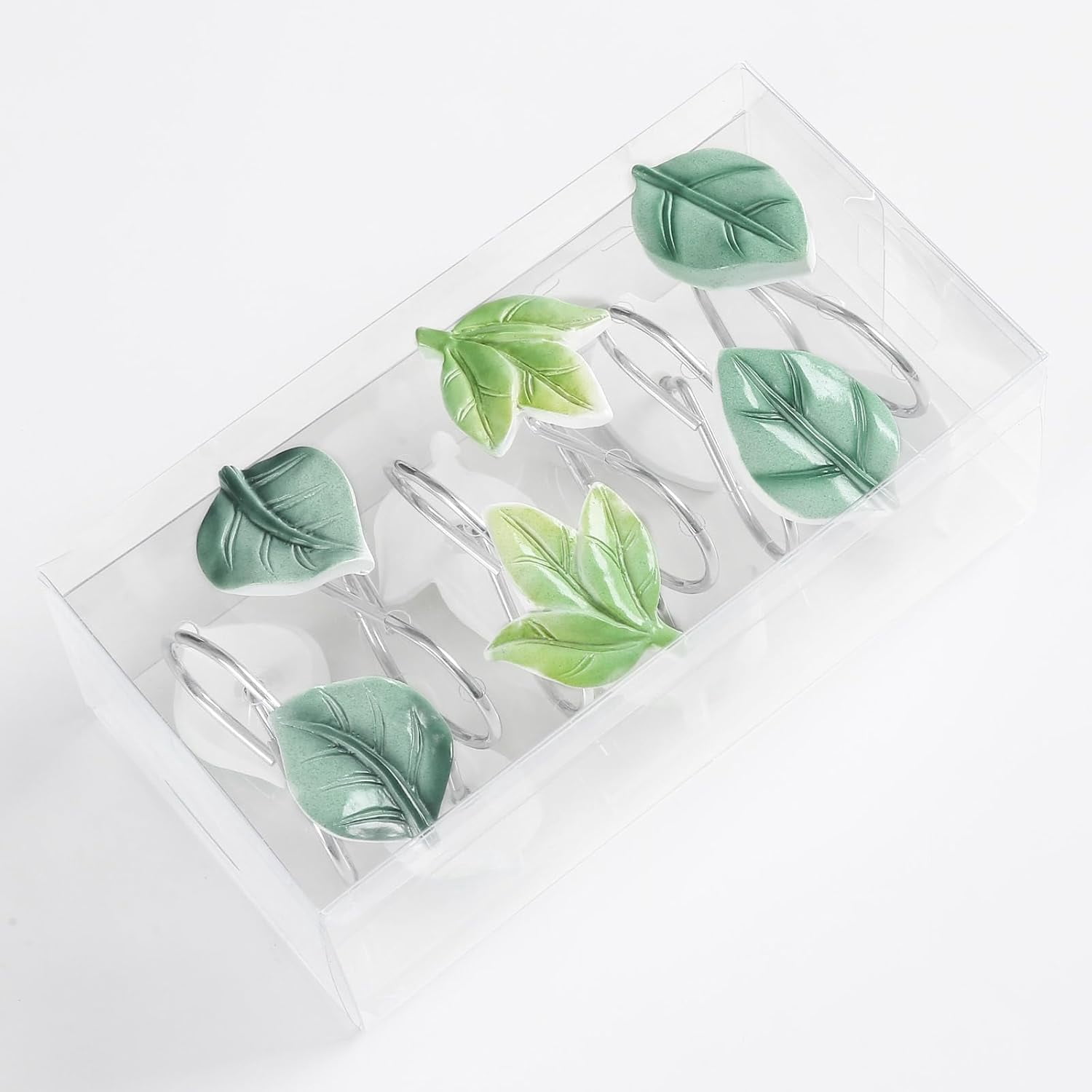 12PCS Leaves Shower Curtain Hooks, Green Plant Decorative Leaf Shower Curtain Hooks Metal Rustproof Cute Eucalyptus Shower Curtain Rings Bathroom Decoration Accessories