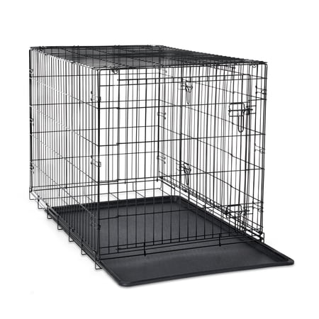 VIBRANT LIFE WIRE DOG CRATE, DOUBLE-DOOR, DIVIDER AND LEAK-PROOF TRAY, METAL, FOLDABLE, DURABLE, BLACK, 42″