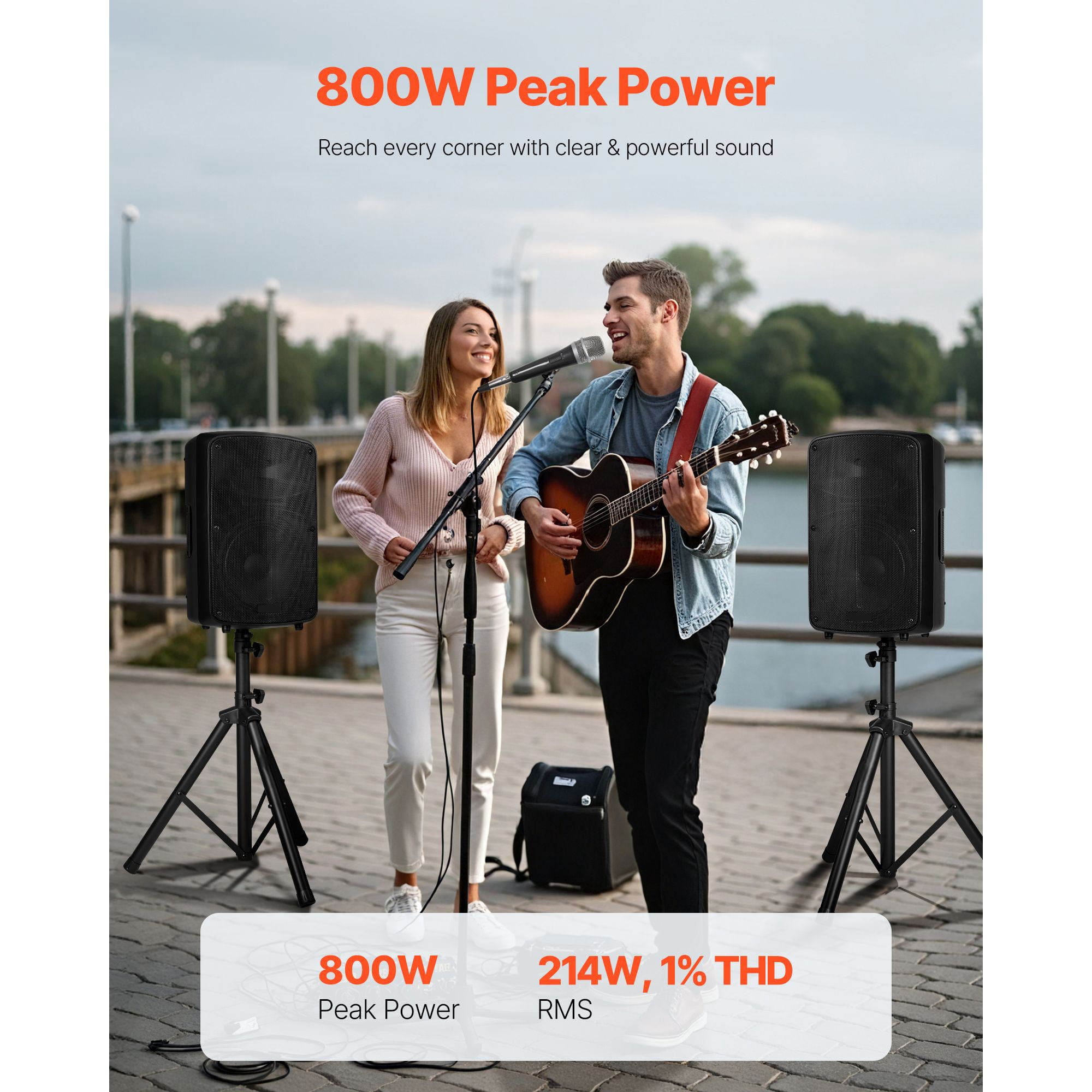 Professional PA System, 800W Powered, Sound System Set with 6 Channel Mixer, Dual Speakers, Wireless Bluetooth, Microphone, Compact Stands, USB SD XLR Inputs, Remote Control, for DJs Events