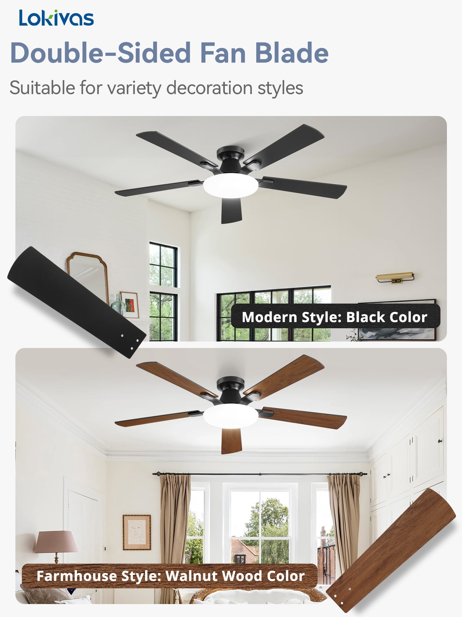 Lokivas 52 Inch Modern Ceiling Fan with Light, Flush Mount Low Profile, Quiet 6 Speeds Remote Control, Reversible DC Motor for Bedroom, Living Room