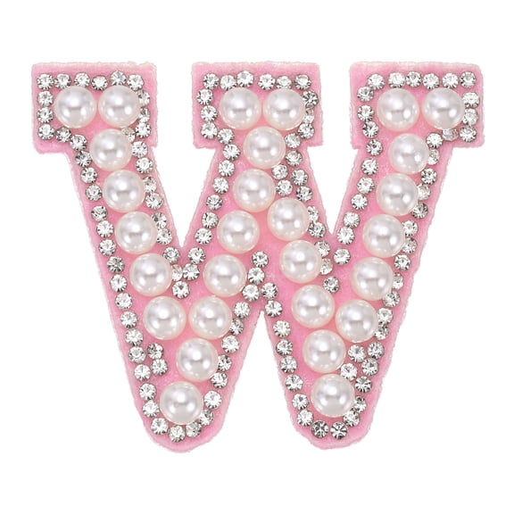 Uxcell Iron on Pearl Letter W Patches, Pearl Rhinestone A-Z Alphabet Self Adhesive Sew on Patches, Glitter Letter Applique for Clothes Fabric DIY Backpack, Pink