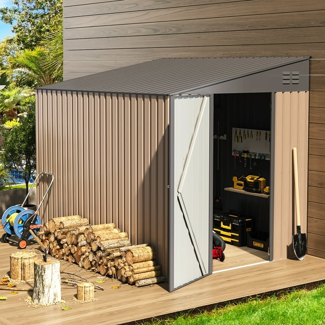 YODOLLA 8' x 6' Outdoor Storage Side Shed Metal Attached Lean-to Shed Galvanized Storage Building for Backyard in Gray