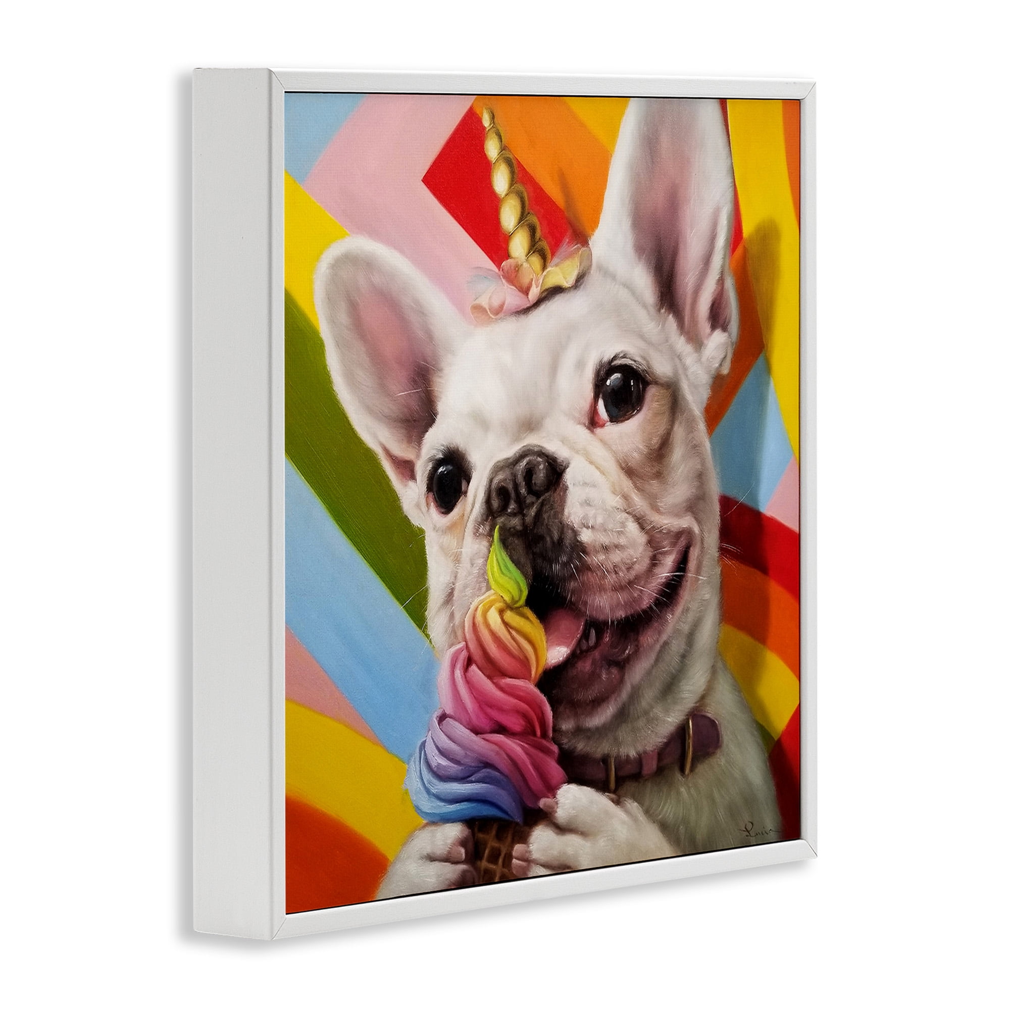 Stupell Industries Rainbow French Bulldog Ice Cream Animals & Insects Painting White Framed Art Print Wall Art, 24 x 24