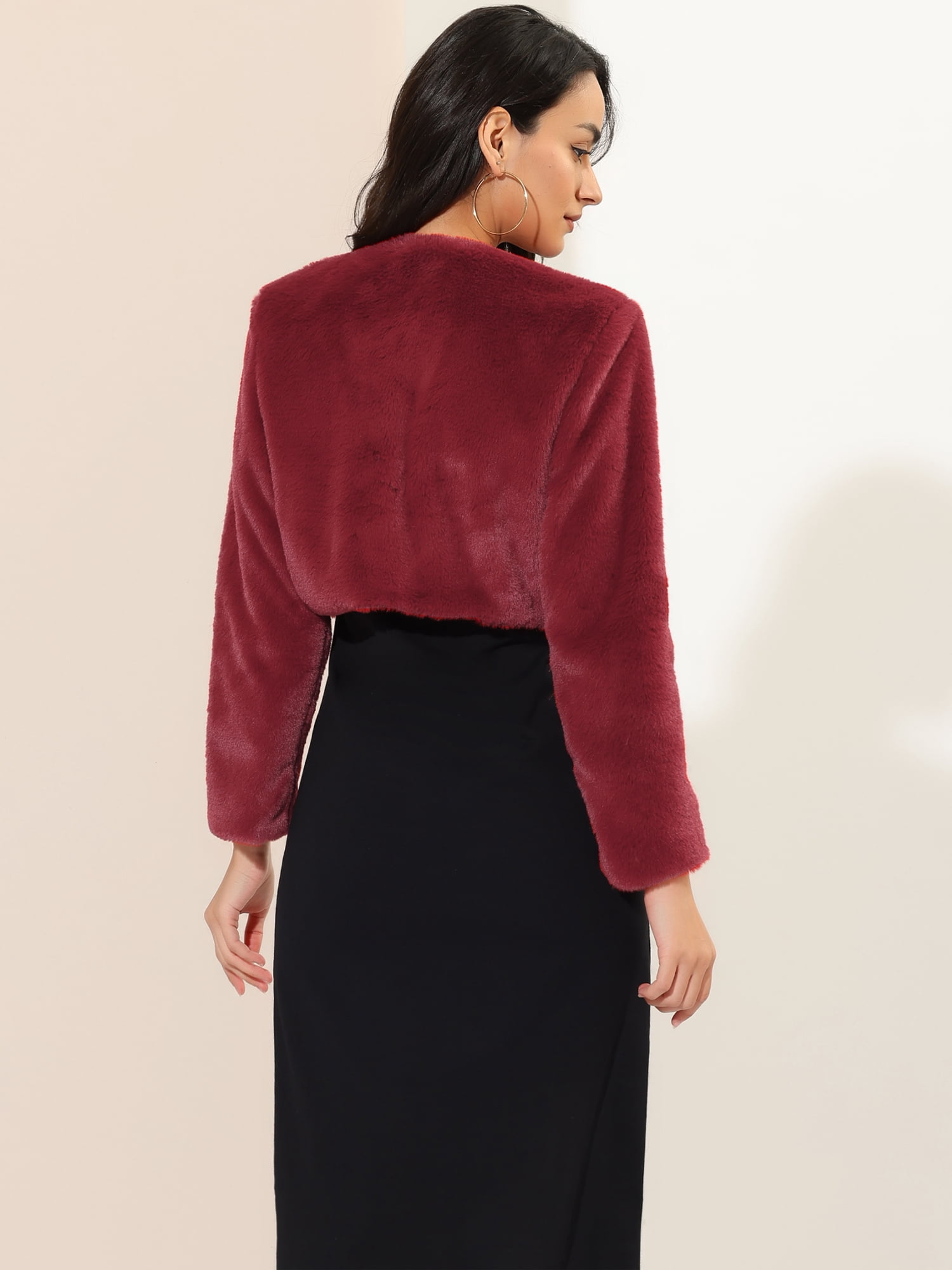 DARING DIVA Women's Cropped Open Front Faux Fur Short Shrug Jacket M Wine Red