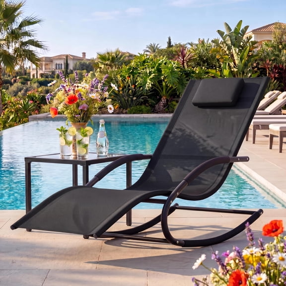 Outdoor Lounge Chair, Rocking Chair, Lounge Chair Recliner with Detachable Pillow for Patio, Lawn, Pool, Outdoor Home Furniture, Black
