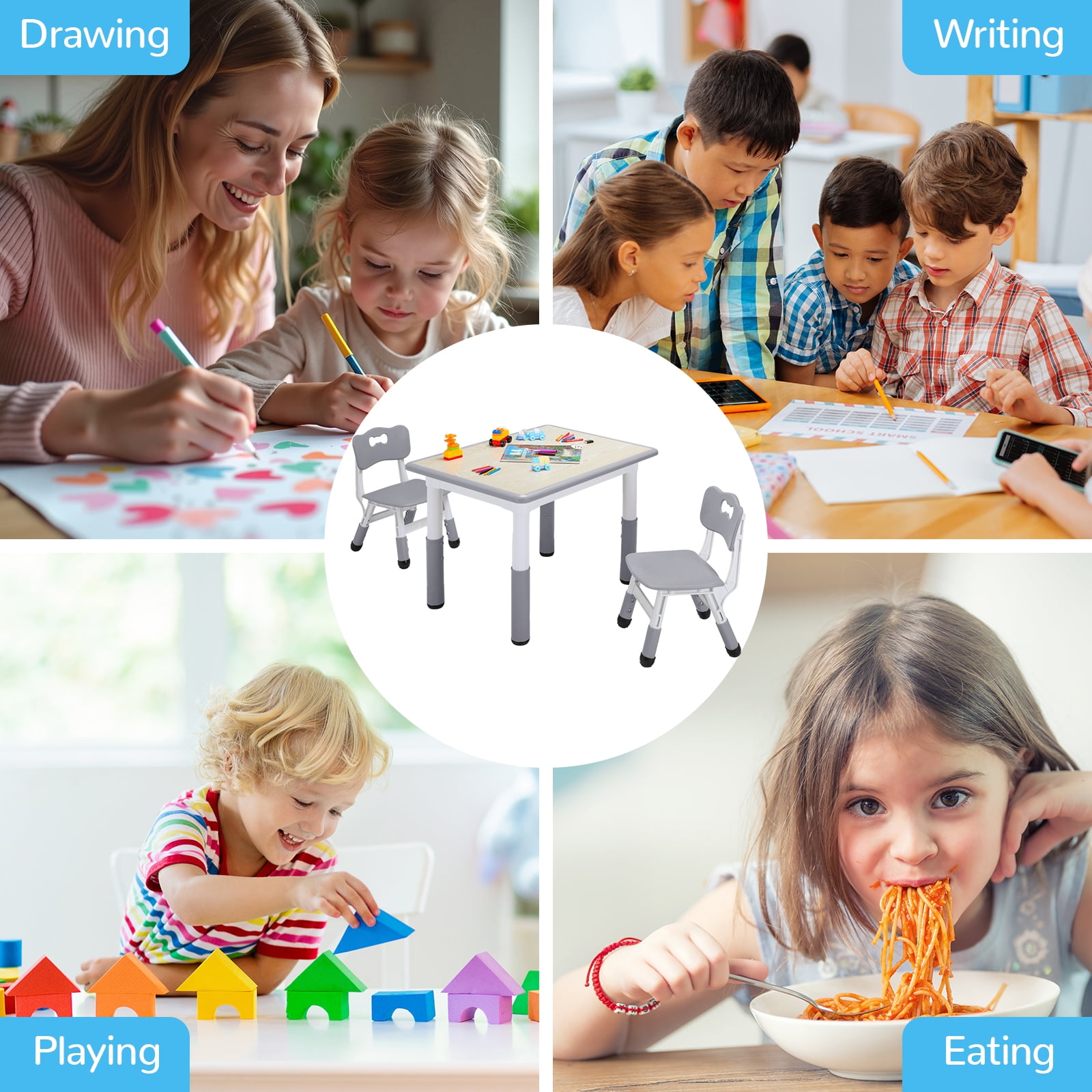 Arlopu Kids Table and 2 Chairs Set, Height-Adjustable Toddler Table and Chairs Set w/ Graffiti Desktop for Reading & Drawing, Children Activity Table w/ Non-Slip Legs for Daycare,Classroom,Preschoo