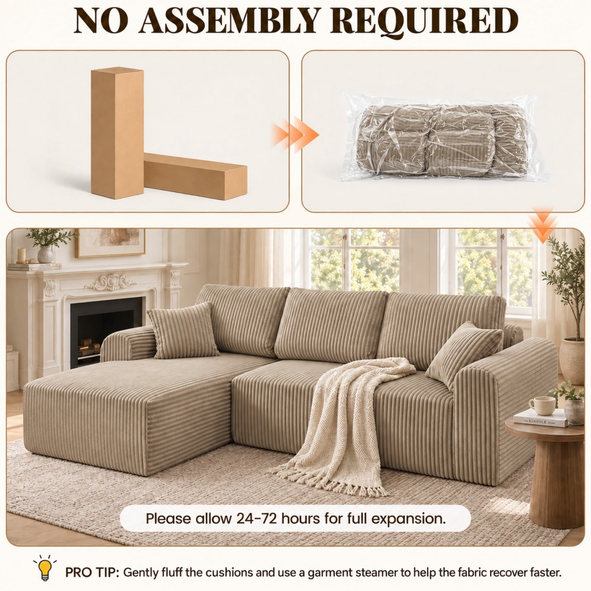 DEALTOPS 109" Corduroy L-Shape Floor Cloud Couch, Deep Seat Modular Sectional Sofa, Left Chaise, Dark Beige