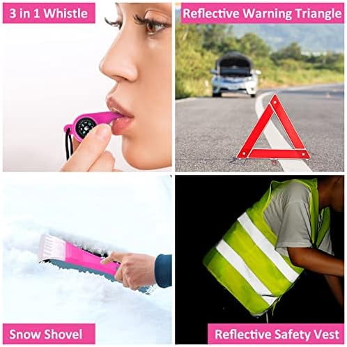 Car Roadside Emergency Kit - Pink Roadside Assistance Emergency Kit with Jumper Cables, Auto Tool Set, Deer Whistles, Winter Car Safety Roadside Assist Kit for Teen Girl and Ladies