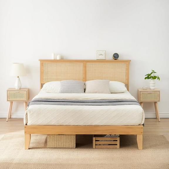 Wood Platform Bed Frame with Grille Headboard, Solid Wood Slats, 8" Storage, No Box Spring, Mid-Century, 1000 lbs