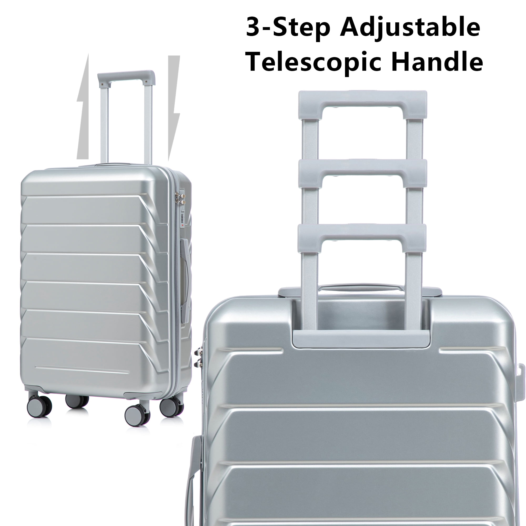 Alvantor 3Pcs Luggage Set, ABS Hardside Spinner Suitcase with Combination Lock, 20/24/28 Inch, Silver