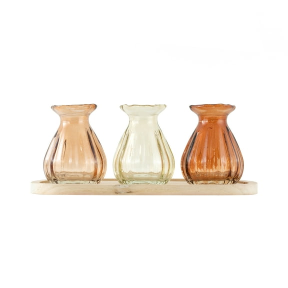 3 Pc Indoor Decorative Translucent Glass Tabletop Bud Vase Set with Natural Wood Base Tray