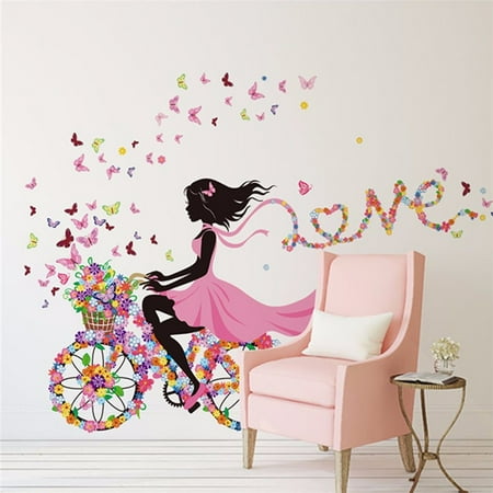Bike Frame Decals Nature Series Flower Butterfly Girl on Bicycle Removable Vinyl DIY Wall Art Mural Sticker Decal Decor for Living Room/Bedroom/Playroom/Hallway/Kindergarten/Home Office ()